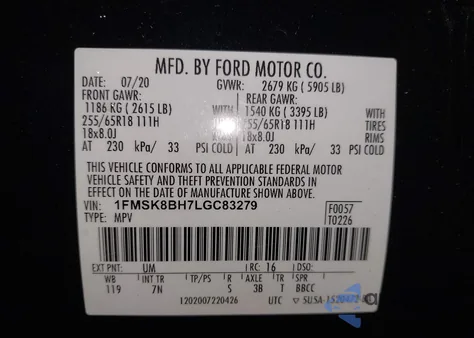 2020 Ford Explorer z USA, uszkodzony, nr VIN 1FMSK8BH7LGC83279